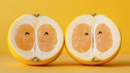 Two cheerful citrus fruit halves with smiling faces against a vibrant yellow background, evoking happiness and freshness in a playful design.の素材