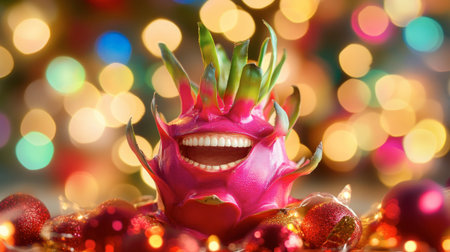 This vibrant image features a dragon fruit with a playful smile, surrounded by colorful festive lights. Perfect for conveying joy and celebration.の素材