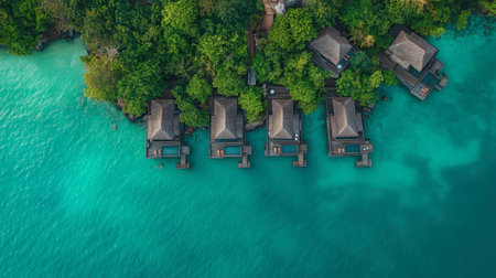 Experience tranquility with this aerial view of tropical villas nestled in vibrant greenery and crystal-clear blue water, ideal for vacations.の素材