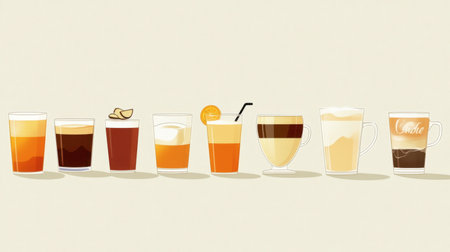 A vibrant illustration showcasing a variety of beverages in stylish glasses, perfect for summer gatherings or casual events, highlighting different flavors and textures.の素材