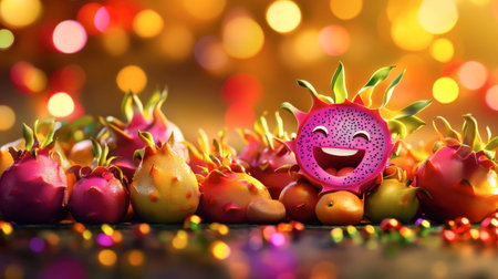 A vibrant display of dragon fruits accompanied by a cheerful emoji character, set against a colorful bokeh background, embodying joy and freshness.の素材