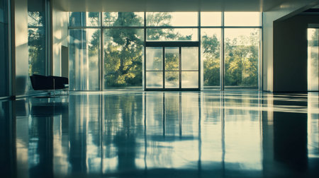 A spacious interior featuring large glass windows, showcasing natural light and a beautiful outdoor view. The polished floor reflects the serene setting.の素材