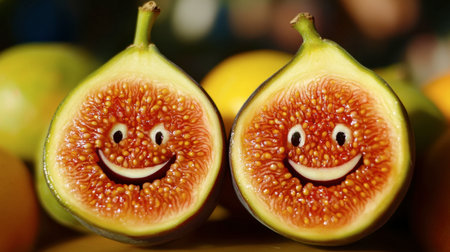Two figs sliced in half reveal cheerful smiles, showcasing vibrant colors and a playful vibe. Perfect for depicting freshness, joy, and healthy eating.の素材