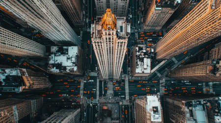 Experience a stunning aerial view showcasing a vibrant urban cityscape filled with iconic skyscrapers and busy streets bustling with yellow taxis.の素材