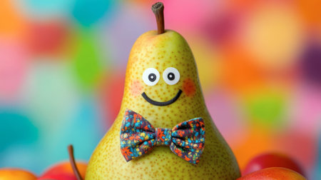 A whimsical pear with a smile and bow tie adds charm to a colorful fruit arrangement. Perfect for food photography and seasonal decorations.の素材
