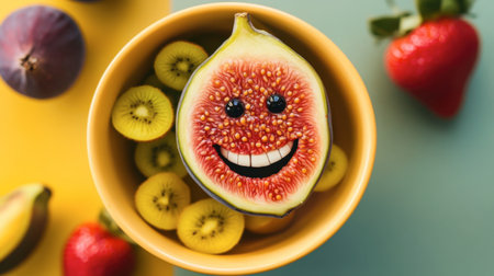 A vibrant fruit bowl featuring a smiling fig brings joy to healthy eating. This playful arrangement inspires creativity in food presentation and design.の素材