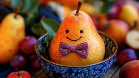 A cheerful pear dressed with a bowtie sits in a patterned bowl among vibrant fruits, creating a playful and inviting scene perfect for culinary themes.の素材