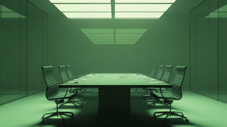 A modern conference room featuring a large table and sleek chairs, illuminated by green lighting. This minimalist space is ideal for business meetings and planning sessions.の素材