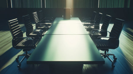 A sleek and modern conference room featuring a long table and several chairs, illuminated by soft sunlight, creating a serene and professional atmosphere.の素材