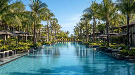 A stunning view of a luxury tropical resort pool lined with palm trees under a clear blue sky, perfect for relaxation and vacation getaway.の素材