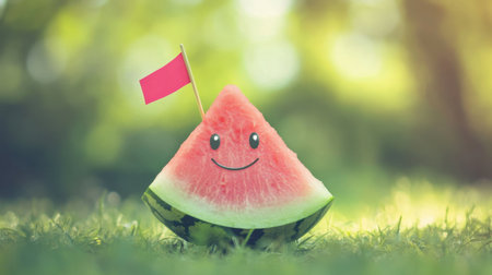 A cheerful watermelon slice with a smiley face and a pink flag sits in a lush green setting, evoking a sense of joy and summer fun. Perfect for playful food photography.の素材