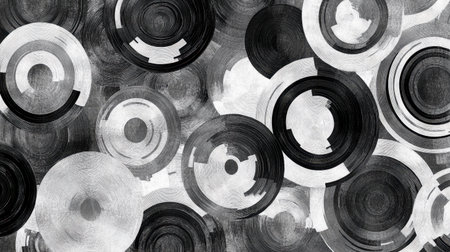 Discover a mesmerizing abstract composition featuring circular patterns in black and white. Perfect for backgrounds, designs, or artistic projects.の素材