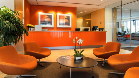 A modern office reception area featuring stylish orange seating and a minimalist design. Bright and welcoming, this space is perfect for corporate environments.の素材