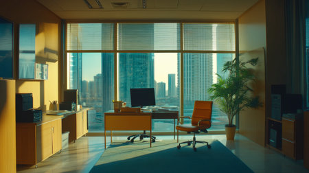 A modern office space featuring a desk, chair, and panoramic city views through large windows, illuminated by natural light, creating an inspiring workspace.の素材