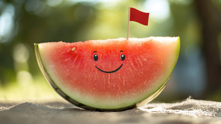A vibrant watermelon slice featuring a smiling face and a small red flag, perfect for summer themes, celebrations, and joyful moments in nature.の素材