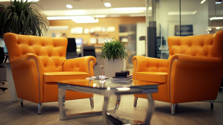 Vibrant orange chairs in a stylish office setting create a welcoming environment. Perfect for modern spaces looking to add a pop of color and comfort.の素材
