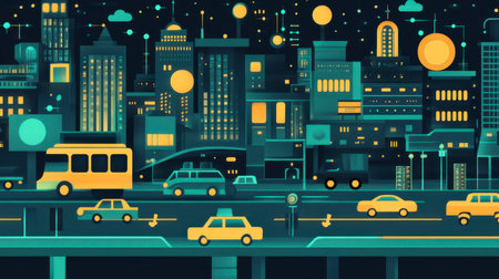 A vibrant urban night scene showcasing colorful vehicles and a modern city skyline. Ideal for themes of transportation, city life, and urban design.の素材