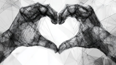 This abstract image showcases hands forming a heart shape, symbolizing love and connection. The intricate design features geometric lines and a monochrome color palette, creating a modern, artistic expression of affection.の素材