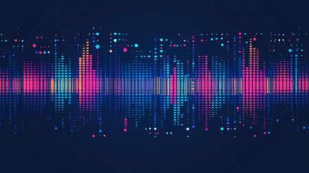 Vibrant soundwave visualization showcasing colorful dots and bars on a dark background, perfect for illustrating music, technology, and creativity themes.の素材