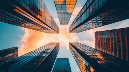 A breathtaking view looking up at tall skyscrapers, framed by beautiful clouds and warm colors at sunset. Ideal for urban and architectural themes.の素材