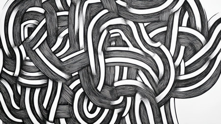 This abstract black and white line art features intricate patterns and flowing shapes, evoking creativity and modern elegance in artistic design. Perfect for various applications.の素材