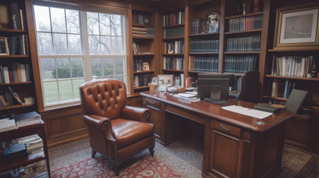 A cozy home office featuring a leather chair, wooden desk, and shelves filled with books, offering a tranquil workspace with natural light streaming in.の素材