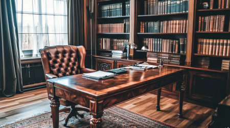 A beautifully arranged home office featuring a vintage wooden desk, leather chair, and well-stocked bookshelf. Ideal for inspiration and productivity.の素材