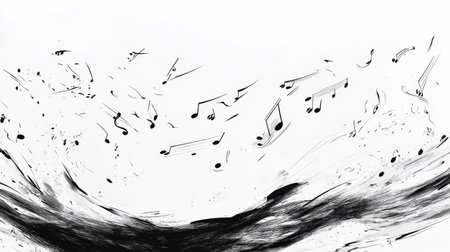 Abstract depiction of music notes in dynamic motion, creating a sense of rhythm and flow. Ideal for projects related to sound, creativity, and art.の素材