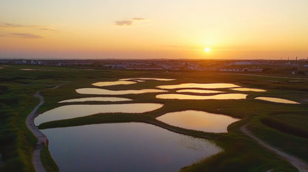 A beautiful sunset casts warm colors over a tranquil landscape, reflecting on still water bodies amid lush green fields, capturing serene nature.の素材