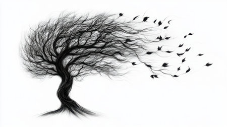 An artistic representation of a whimsical tree with flowing branches and leaves swept by the wind, conveying a sense of movement and tranquility.の素材