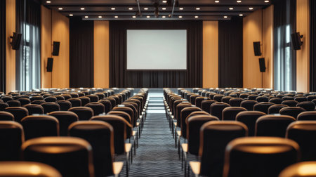 A spacious conference room with rows of empty chairs, designed for presentations and meetings. The modern decor and lighting create a professional atmosphere.の素材