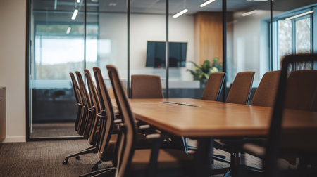 A sleek modern conference room featuring a wooden table and comfortable chairs, perfect for meetings and collaborative discussions in a professional setting.の素材