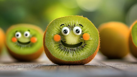A cheerful kiwi fruit with a smiling face sits on a wooden table, surrounded by more happy kiwis. Perfect for conveying fun and freshness in food photography.の素材