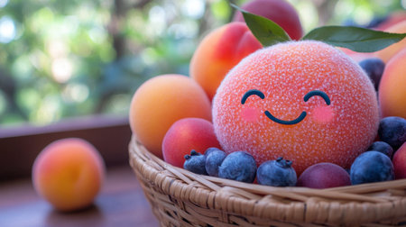 A cheerful arrangement of smiling fruits in a basket, featuring a happy orange and fresh blueberries. Perfect for showcasing healthy eating and joyful vibes.の素材