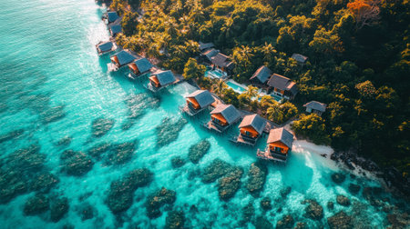 An aerial view of a serene tropical island resort featuring luxurious overwater bungalows surrounded by vibrant turquoise waters and lush greenery.の素材