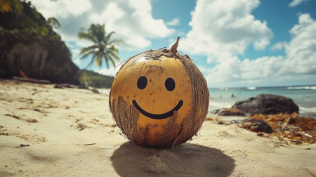A cheerful coconut with a smiley face sits on a sandy beach under a bright sky. The scene captures the essence of summer, fun, and relaxation by the ocean.の素材