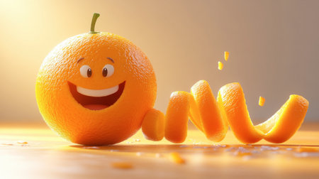 Cheerful orange character with a playful smile and spiral peel adds a fun touch to food designs. Perfect for bright and vibrant themes.の素材