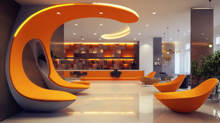 This image showcases a modern lounge interior with vibrant orange furniture, sleek lines, and a stylish reception area, creating a welcoming atmosphere.の素材