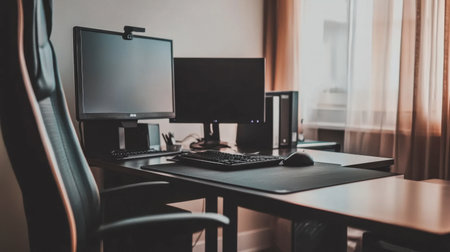 A modern workspace featuring dual monitors, an ergonomic chair, and a clean desk setup, perfect for enhancing productivity in a home office environment.の素材