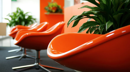 Bright orange chairs create a modern and inviting atmosphere in a stylish interior space, complemented by green plants for a fresh look.の素材