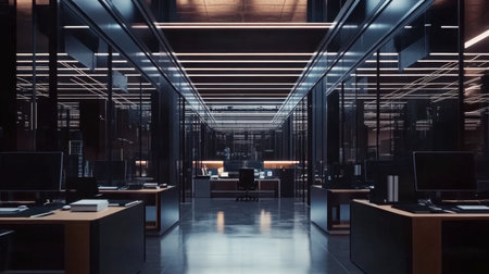 A sleek and modern office interior featuring glass walls and innovative lighting design. The image showcases an empty workspace with a professional ambiance.の素材