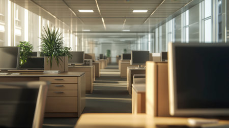 A spacious modern office interior featuring clean lines, wooden furniture, and bright natural light. Ideal for business and productivity themes.の素材