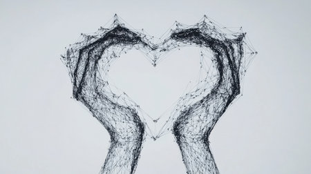 This artistic illustration features hands forming a heart shape using connecting lines, symbolizing love and connection in a digital age. Ideal for creative projects.の素材