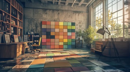 A vibrant art studio filled with colorful tiles on the floor, a large wall of colors, and natural light pouring in through large windows, creating an inspiring workspace.の素材