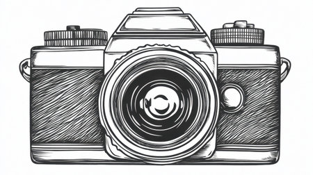 Explore this detailed illustration of a vintage camera, showcasing a classic design with an artistic flair. Perfect for photography enthusiasts and art projects.の素材