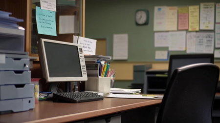A well-organized office workspace featuring a computer, stationery items, and a clock on the wall. Ideal for illustrating productivity and office environments.の素材