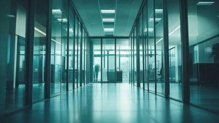 A serene view of a modern office corridor lined with glass walls. The sleek design and ambient lighting create a professional and tranquil atmosphere, perfect for a corporate setting.の素材