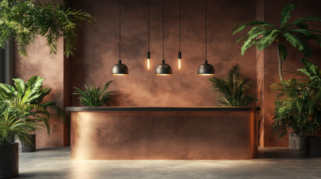 A stylish reception area featuring lush greenery, modern lighting, and a sleek counter that creates a warm and inviting atmosphere for guests.の素材