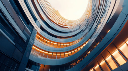 Captivating view of a modern building with a curved glass facade. Natural light enhances the design, highlighting symmetries and architectural elegance.の素材