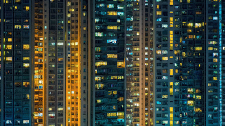 A striking urban nightscape showcasing illuminated windows in a high-rise building, revealing glimpses of life within each apartment against a dark backdrop.の素材